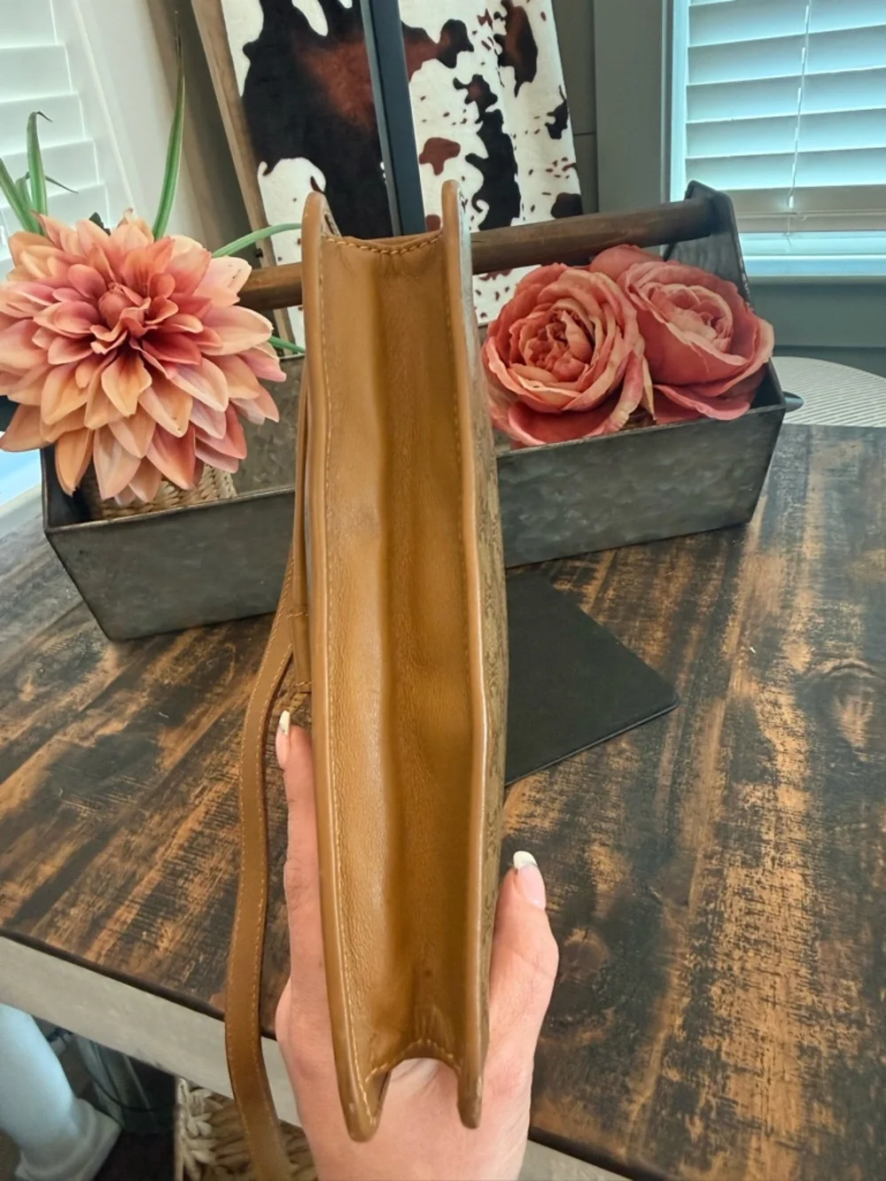 Celine Authentic Tan Macadam Crossbody Shoulder Bag w/Tan leather accent - Picture 4 of 15